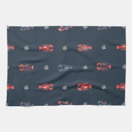 Paño De Cocina Estampado de Langosta y Coral Marino sobre Azul Ma