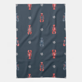 Paño De Cocina Estampado de Langosta y Coral Marino sobre Azul Ma