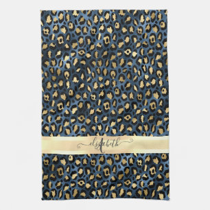 Paño De Cocina Estampado de Leopardo Azul Monograma Dorado