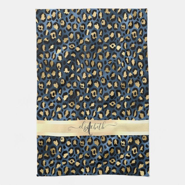 Paño De Cocina Estampado de Leopardo Azul Monograma Dorado (Vertical)