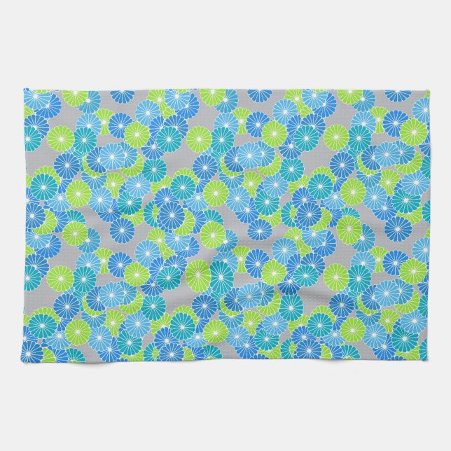 Paño De Cocina Estampado de plores del art déco - azul y verde (Horizontal)
