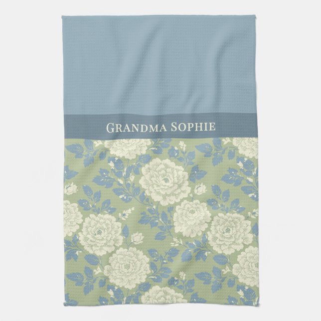Paño De Cocina Estampado Floral Verde Azul en Bloque (Vertical)