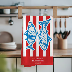 Paño De Cocina Esterillas de sardinas náuticas rojas personalizad
