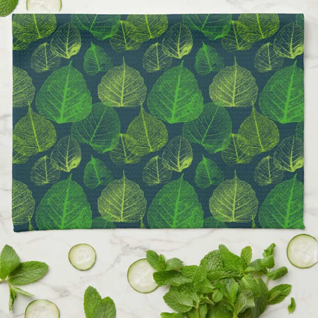 Paño De Cocina Estética biofílica hojas de esqueleto verde oscuro (Doblado)