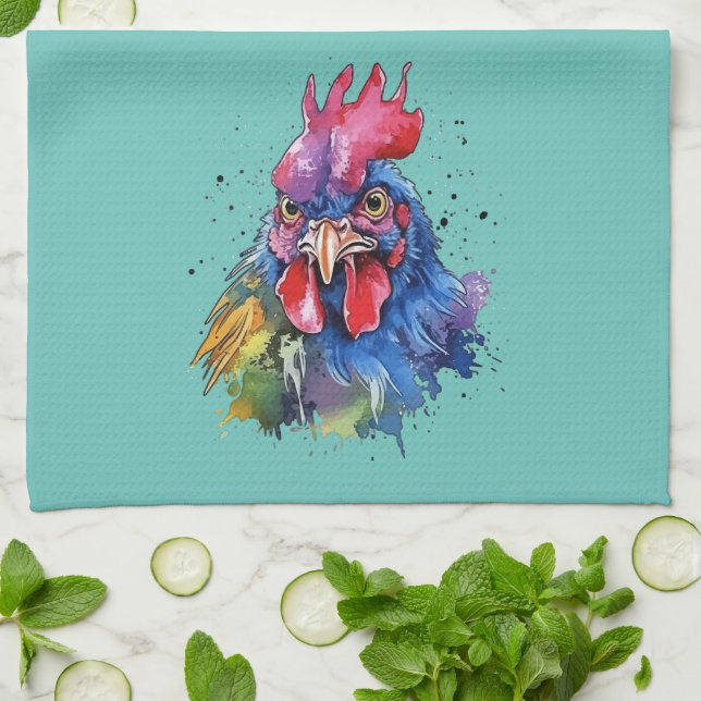 Paño De Cocina Estilo de acuarela de pollo de gallo de campo (Doblado)