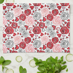 Paño De Cocina Estilo de Arte Doodle Rosas Rosadas Corazones San