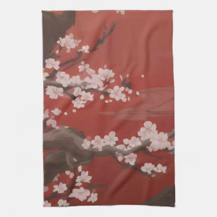 Paño De Cocina Estilo de arte japonés Flor de cerezo blanca roja