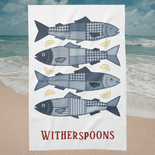 Paño De Cocina Estilo de parches Sardinas Tema de la costa de la 