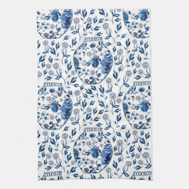 Paño De Cocina Estilo floral Chinoiserie azul pintado a mano (Vertical)