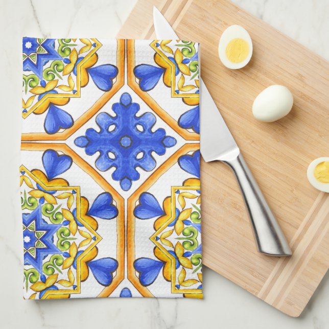 Paño De Cocina Estilo italiano, azulejos,majolica Impresión todo- (Doblado Cuarto)