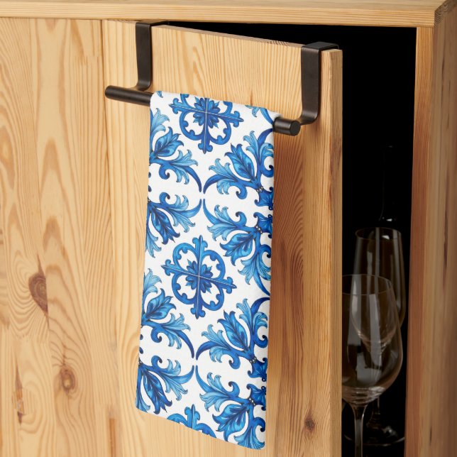 Paño De Cocina estilo italiano, mediterráneo, mosaico, azul, (Pliegue de tercios)