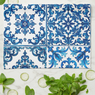 Paño De Cocina estilo italiano, mediterráneo, mosaico, azul,