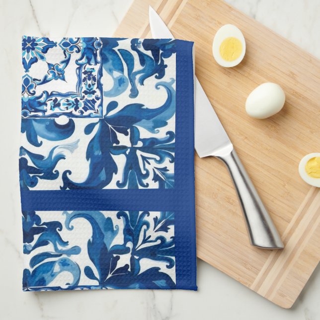 Paño De Cocina estilo italiano, mediterráneo, mosaico, azul, (Doblado Cuarto)