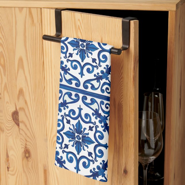 Paño De Cocina estilo italiano, mediterráneo, mosaico, azul, (Pliegue de tercios)