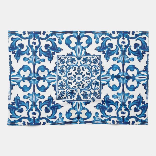 Paño De Cocina estilo italiano, mediterráneo, mosaico, azul, (Horizontal)