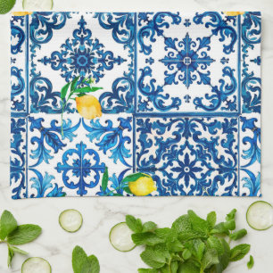 Paño De Cocina estilo italiano, mediterráneo, mosaico, azul, limó