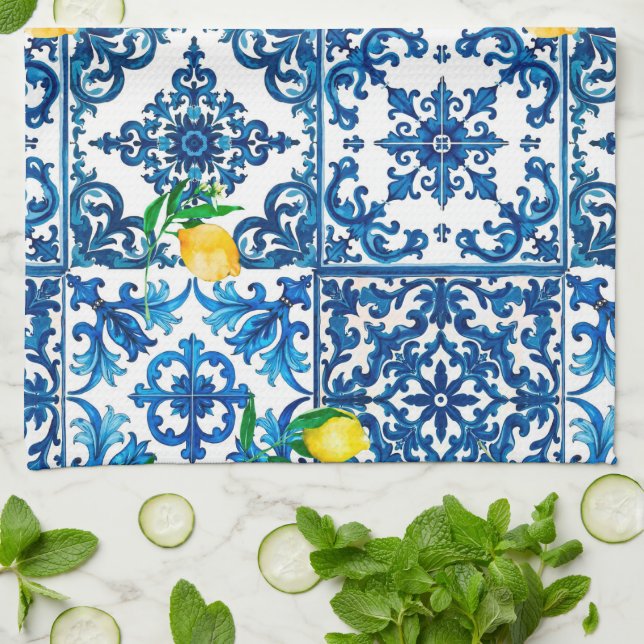 Paño De Cocina estilo italiano, mediterráneo, mosaico, azul, limó (Doblado)