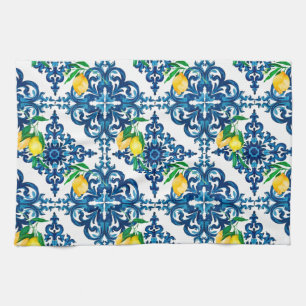 Paño De Cocina estilo italiano, mosaico, azul, limón,
