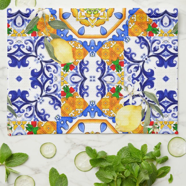 Paño De Cocina Estilo siciliano, limones, majólica (Doblado)