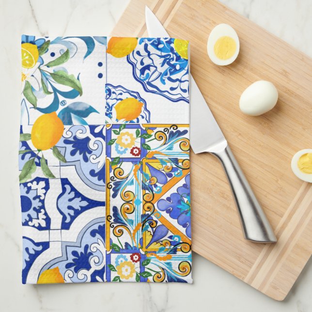 Paño De Cocina Estilo siciliano, mayólica, limones      (Doblado Cuarto)