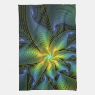 Paño De Cocina Estrella abstracta, arte fractal dorado verde azul