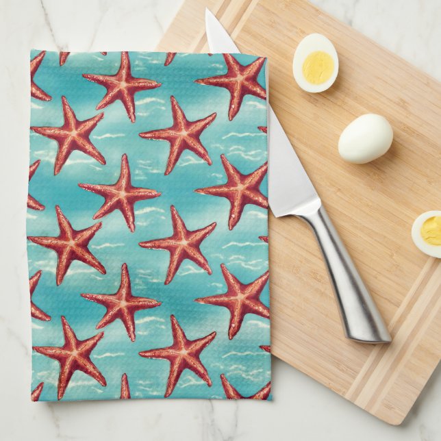 Paño De Cocina Estrella de Mar Azul Acuático Costera (Doblado Cuarto)