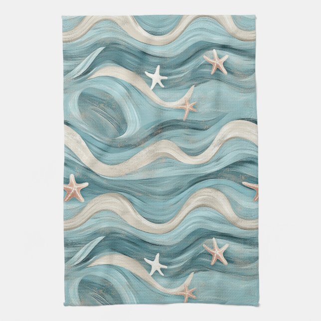 Paño De Cocina Estrella de mar costera sobre patrón de olas de ar (Vertical)