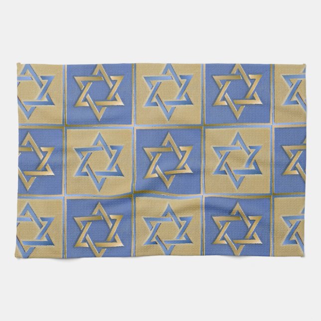 Paño De Cocina Estrella Judaica De David Metalizado Gold Blue (Horizontal)