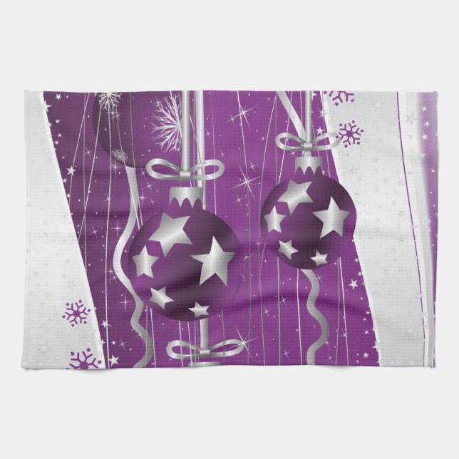 Paño De Cocina Estrellas de bolas de Navidad morado y gris y copo (Horizontal)