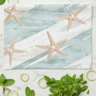 Paño De Cocina Estrellas de Mar Rayas Aqua Menta Playa  