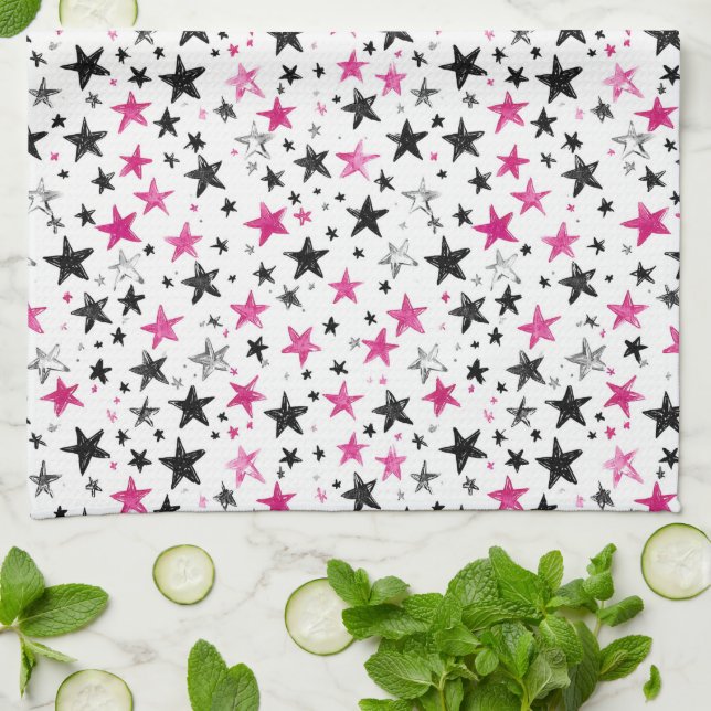 Paño De Cocina Estrellas Negras Plateadas Rosas (Doblado)