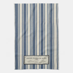 Paño De Cocina Etiqueta francesa vintage en rayas azules y crema