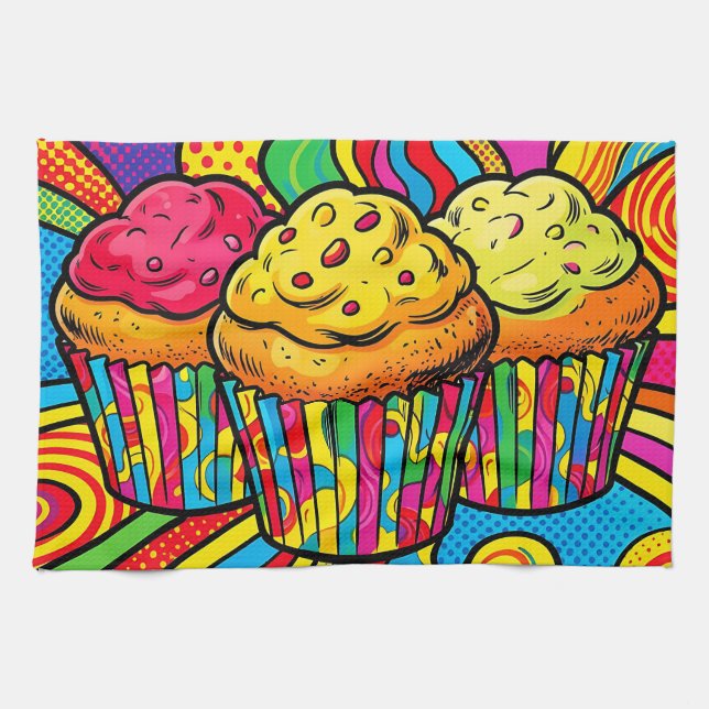 Paño De Cocina Explosión de Cupcakes de Arcoíris Pop Art (Horizontal)