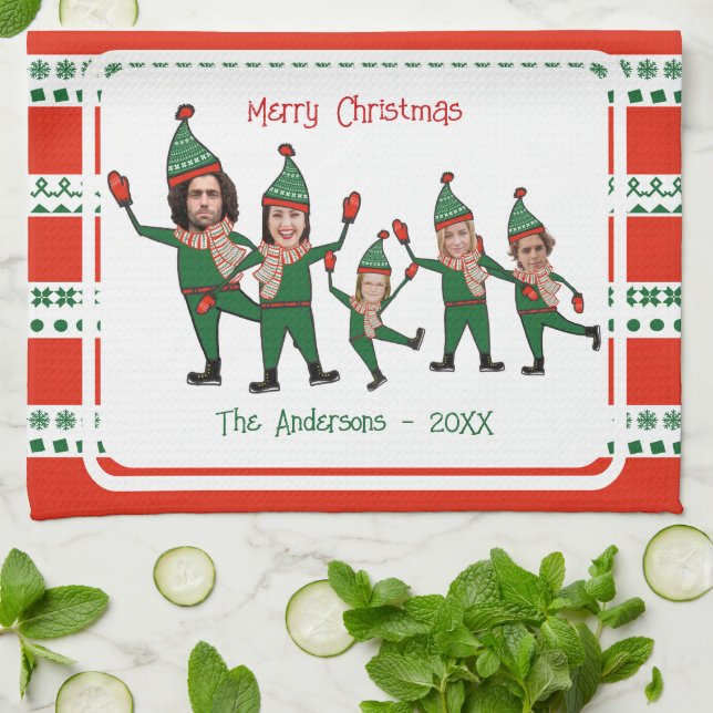 Paño De Cocina Familia Elf divertida de cinco Navidades verdes de (Doblado)