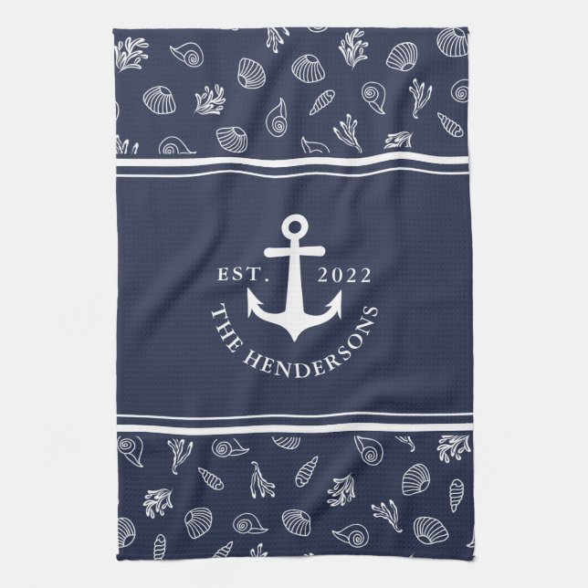 Paño De Cocina Familia Nautical Personalizada Navy Blue Anchor (Vertical)