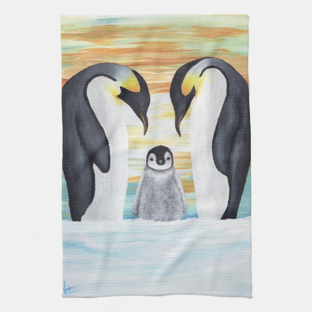 Paño De Cocina Familia Pingüino con bebé pingüino (Vertical)