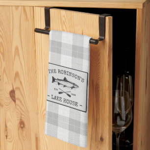 Paño De Cocina Family Lake House Oars Fish Rústico White Plaid