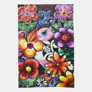 Paño De Cocina Fancioso pájaro frailecillo abstracto en flores