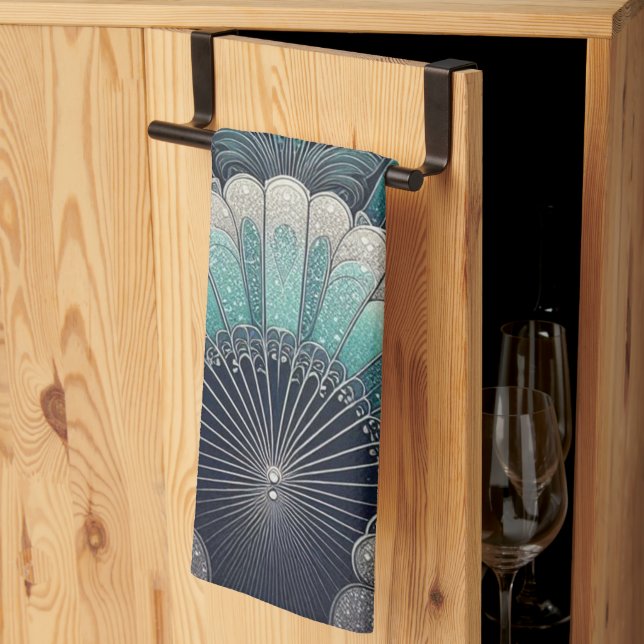 Paño De Cocina Fans de Art Nouveau Blue and Silver (Pliegue de tercios)