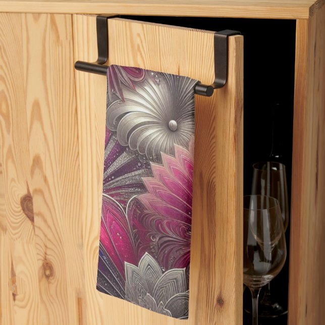 Paño De Cocina Fans de rosa y plateado Art Nouveau (Pliegue de tercios)