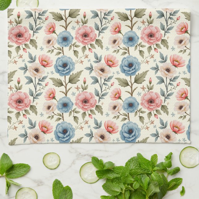 Paño De Cocina Fantasía floral de primavera azul y rosa (Doblado)