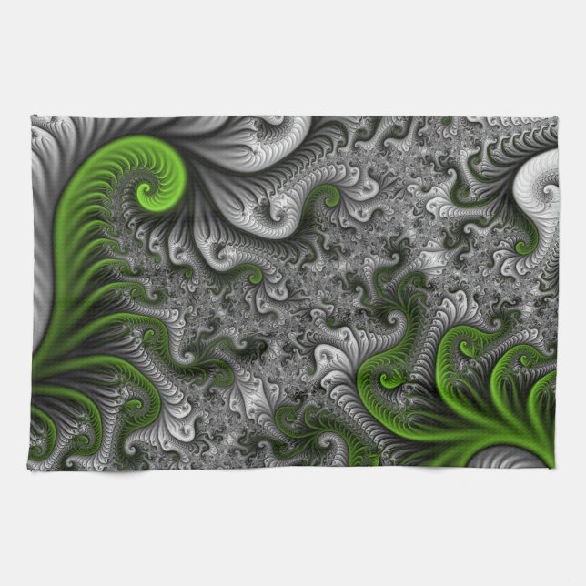Paño De Cocina Fantasía Mundo Arte Fractal Verde Y Gris Resumen (Horizontal)