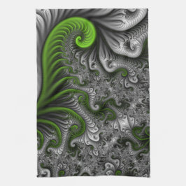 Paño De Cocina Fantasía Mundo Arte Fractal Verde Y Gris Resumen