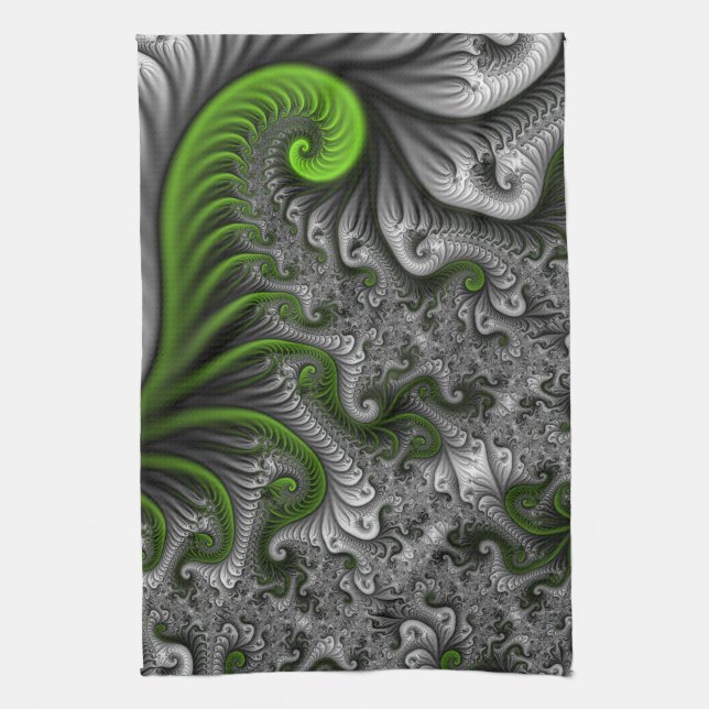 Paño De Cocina Fantasía Mundo Arte Fractal Verde Y Gris Resumen (Vertical)