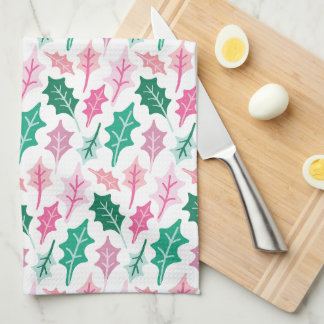 Paño De Cocina Fantasiosas hojas de acebo de Navidad rosadas y ve