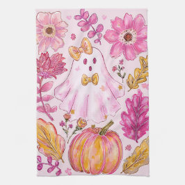 Paño De Cocina Fantasma de Halloween de color rosa pastel con flo