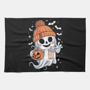 Paño De Cocina Fantasma Lindo Bebiendo Café Halloween Café Helado