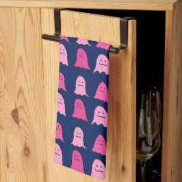 Paño De Cocina Fantasma rosa de Halloween en azul oscuro