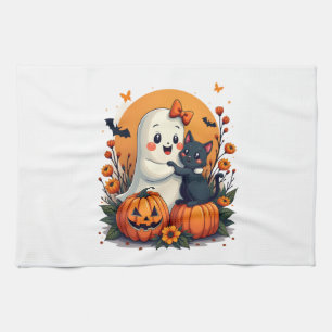 Paño De Cocina Fantasma vintage de Halloween sosteniendo gato neg