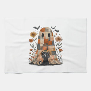 Paño De Cocina Fantasma y gato de Halloween de patchwork, espeluz